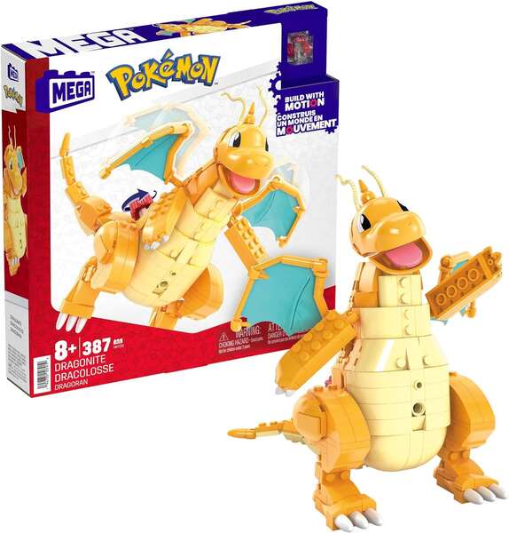 Mattel Mega Construx Wonder Builders Pokemon Dragonite - Figura de Construccion - Tamaño 19cm aprox. - 387 Piezas