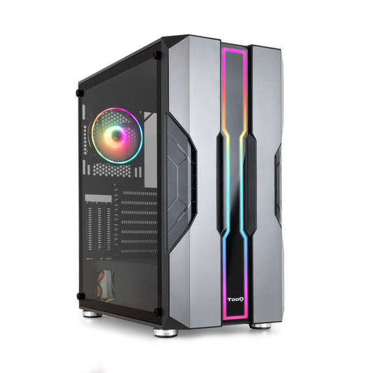 Tooq Nightcity Caja Semitorre Gaming EATX/ATX/Micro-ATX/Mini-ITX - Panel Lateral Cristal Templado - Tamaño Disco Soportado 3.5", 2.5" - USB3.0, 2.0, Audio HD - 2 Ventiladores 120mm ARGB Incluidos - Soporta Refrigeracion Liquida - Color Negro/Gris