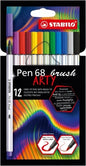 Stabilo Pen 68 Brush Arty Pack de 12 Rotuladores - Punta de Pincel - Tinta a Base de Agua - Colores Surtidos