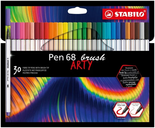 Stabilo Pen 68 Brush Arty Pack de 30 Rotuladores - Punta de Pincel - Tinta a Base de Agua - Colores Surtidos