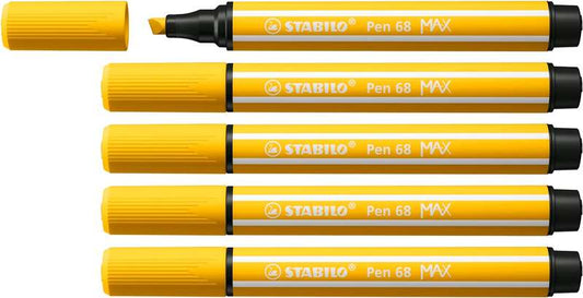 Stabilo Pen 68 MAX Rotulador - Punta de Fibra Biselada - Trazo entre 1-5mm aprox. - Tinta a Base de Agua - Color Amarillo - Cantidad: 5