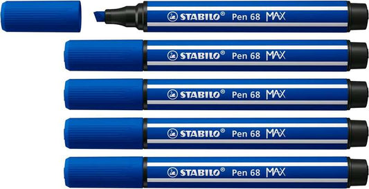 Stabilo Pen 68 MAX Rotulador - Punta de Fibra Biselada - Trazo entre 1-5mm aprox. - Tinta a Base de Agua - Color Azul Marino - Cantidad: 5