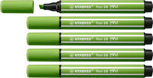 Stabilo Pen 68 MAX Rotulador - Punta de Fibra Biselada - Trazo entre 1-5mm aprox. - Tinta a Base de Agua - Color Verde Claro - Cantidad: 5