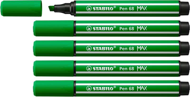 Stabilo Pen 68 MAX Rotulador - Punta de Fibra Biselada - Trazo entre 1-5mm aprox. - Tinta a Base de Agua - Color Verde - Cantidad: 5