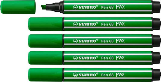 Stabilo Pen 68 MAX Rotulador - Punta de Fibra Biselada - Trazo entre 1-5mm aprox. - Tinta a Base de Agua - Color Verde - Cantidad: 5