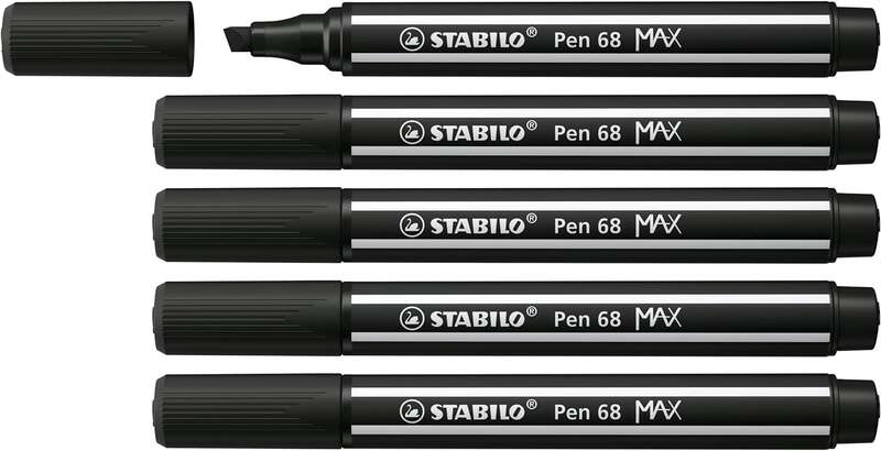 Stabilo Pen 68 MAX Rotulador - Punta de Fibra Biselada - Trazo entre 1-5mm aprox. - Tinta a Base de Agua - Color Negro - Cantidad: 5