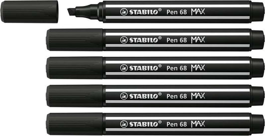 Stabilo Pen 68 MAX Rotulador - Punta de Fibra Biselada - Trazo entre 1-5mm aprox. - Tinta a Base de Agua - Color Negro - Cantidad: 5
