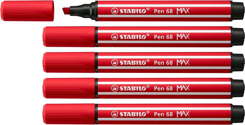 Stabilo Pen 68 MAX Rotulador - Punta de Fibra Biselada - Trazo entre 1-5mm aprox. - Tinta a Base de Agua - Color Rojo Carmin - Cantidad: 5