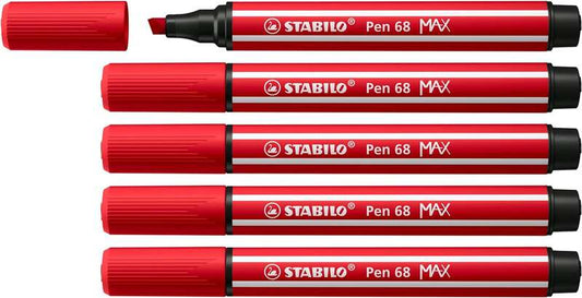 Stabilo Pen 68 MAX Rotulador - Punta de Fibra Biselada - Trazo entre 1-5mm aprox. - Tinta a Base de Agua - Color Rojo Carmin - Cantidad: 5