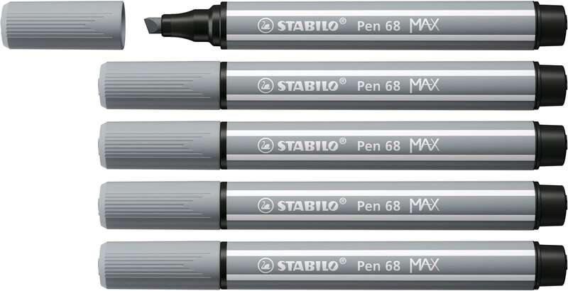 Stabilo Pen 68 MAX Rotulador - Punta de Fibra Biselada - Trazo entre 1-5mm aprox. - Tinta a Base de Agua - Color Gris - Cantidad: 5