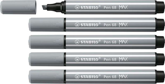 Stabilo Pen 68 MAX Rotulador - Punta de Fibra Biselada - Trazo entre 1-5mm aprox. - Tinta a Base de Agua - Color Gris - Cantidad: 5