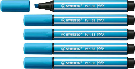 Stabilo Pen 68 MAX Rotulador - Punta de Fibra Biselada - Trazo entre 1-5mm aprox. - Tinta a Base de Agua - Color Azul Celeste - Cantidad: 5