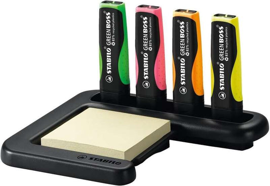 Stabilo Green Boss Set de Mesa de 4 Marcadores Fluorescentes 83% Plastico Reciclado + Bloc de Notas Adhesivas 100% Papel Reciclado - Set Fabricado 98% Plastico Reciclado - Colores Surtidos