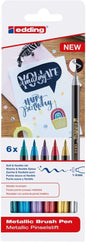 Edding 1340 Brush Pack de 6 Rotuladores - Punta Pincel Flexible - Trazo 1-3mm - Tinta con Base de Agua - Colores Oro, Rojo, Azul, Verde, Gris y Morado