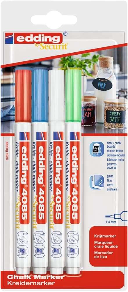 Edding 4085 Basicos Pack de 4 Rotuladores de Tiza Liquida - Punta Redonda - Trazo 1-3mm - Olor Neutro - Colores Blanco, Azul, Verde y Rojo