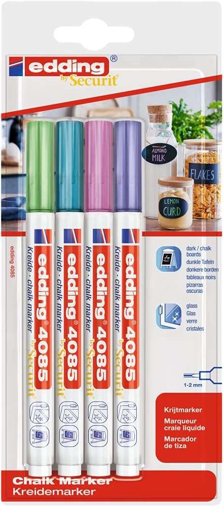 Edding 4085 Metalicos Pack de 4 Rotuladores de Tiza Liquida - Punta Redonda - Trazo 1-3mm - Olor Neutro - Colores Azul, Verde, Violeta y Rosa Metalicos