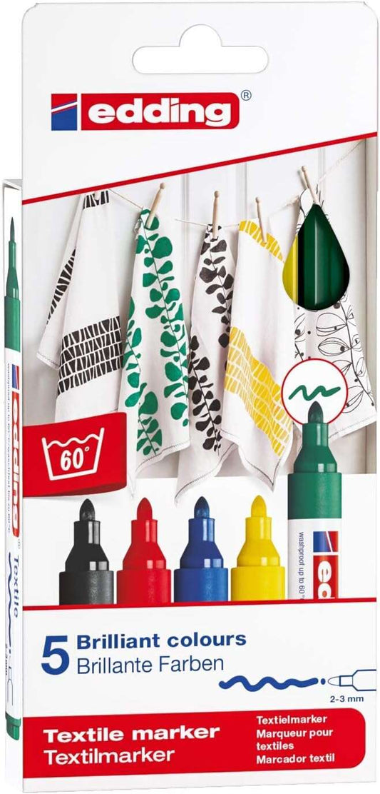 Edding 4500 Basicos Pack de 5 Rotuladores Permanentes para Textil - Punta Redonda - Trazo 2-3mm - Ol