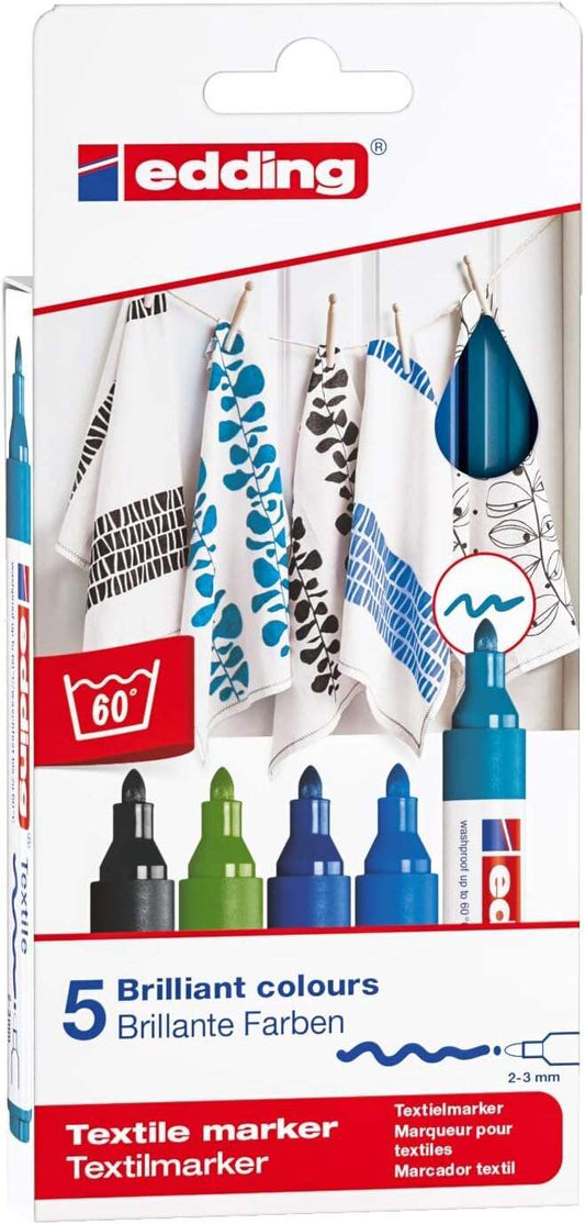 Edding 4500 Colores Frios Pack de 5 Rotuladores Permanentes para Textil - Punta Redonda - Trazo 2-3m