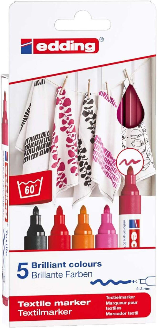 Edding 4500 Colores Calidos Pack de 5 Rotuladores Permanentes para Textil - Punta Redonda - Trazo 2-