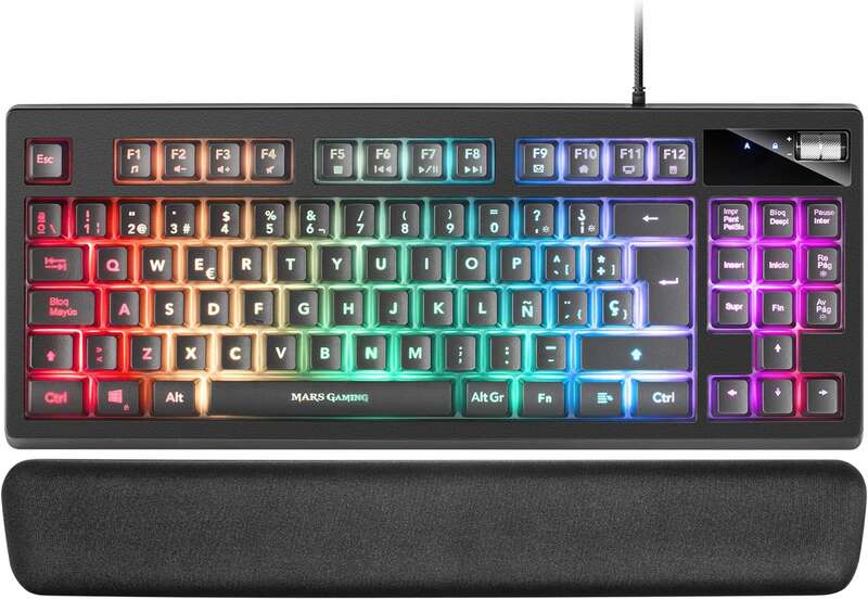 Mars Gaming Teclado Gaming MKAX RGB Control - Compacto TKL - Pulsacion H-Mech - 9 Efectos RGB - Boton Roller Volumen - Reposamuñecas Memory Gel - Compatibilidad Multiplataforma - Color Negro