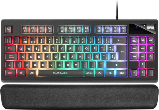 Mars Gaming Teclado Gaming MKAX RGB Control - Compacto TKL - Pulsacion H-Mech - 9 Efectos RGB - Boton Roller Volumen - Reposamuñecas Memory Gel - Compatibilidad Multiplataforma - Color Negro