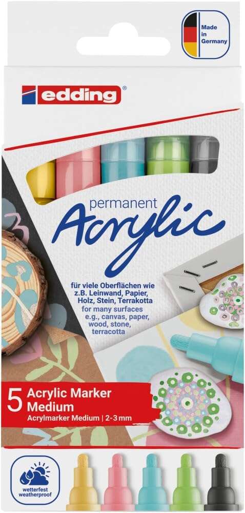 Edding 5100 Acrylic Pack de 5 Rotuladores Permanentes Acrilicos Pastel - Punta Redonda 2-3mm - Trazo