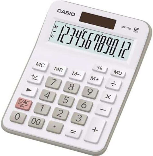 Casio MX-12B Calculadora de Escritorio Pequeña - Pantalla LCD de 12 Digitos - Solar y Pilas - Color Blanco