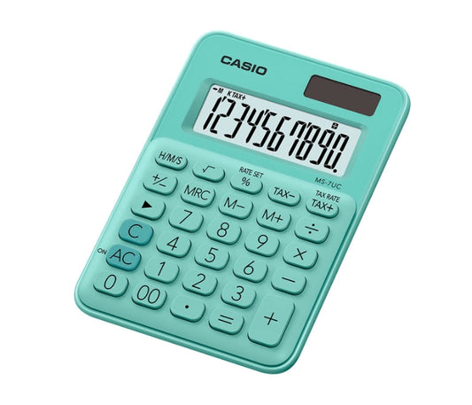 Casio MS-7UC Calculadora de Escritorio 10 Digitos - Tecla Doble Cero - Marcadores de Coma de 3 Digitos - Pulsacion de Teclas Simultanea - Alimentacion Solar y Pilas - Color Verde