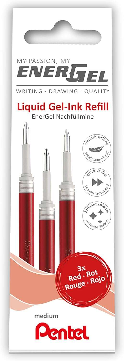 Pentel EnerGel X Pack de 3 Recambios para BL57, BL77, BL107, BL117, BL407, BL2007, BL2507 - Color Rojo - Cantidad: 12