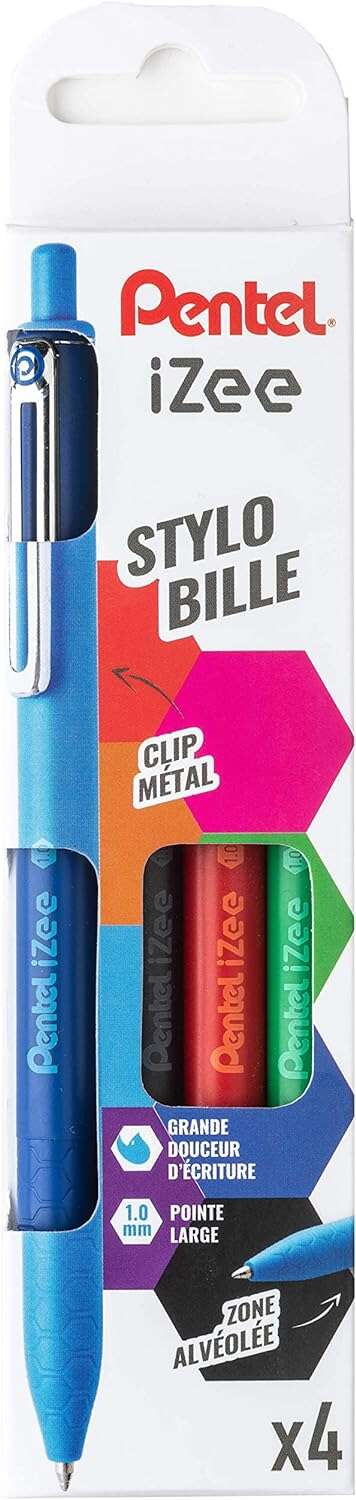 Pentel iZee Pack de 4 Boligrafos de Bola Retractiles - Punta 0.7mm - Trazo 0.35mm - Clip de Metal - Colores Negro, Azul, Rojo y Verde