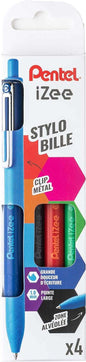 Pentel iZee Pack de 4 Boligrafos de Bola Retractiles - Punta 0.7mm - Trazo 0.35mm - Clip de Metal - Colores Negro, Azul, Rojo y Verde