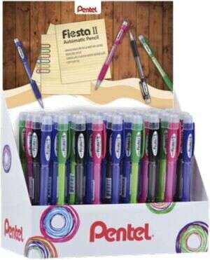 Pentel Fiesta II Expositor de 36 Portaminas HB 0.7mm con Goma - Incluye 2 Recargas - Grip de Goma - Diseño Ergonomico - Colores Surtidos