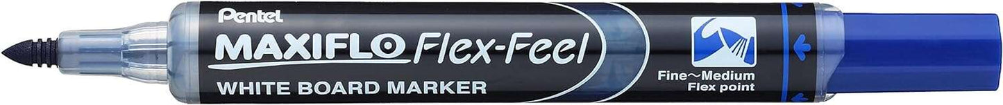 Pentel Maxiflo Flex-Feel Rotulador para Pizarra Blanca - Punta Flexible 4.6mm - Trazo de 1 a 5mm - Dosificacion de Tinta mediante Embolo - Color Azul - Cantidad: 12