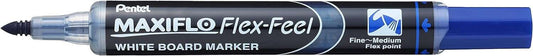 Pentel Maxiflo Flex-Feel Rotulador para Pizarra Blanca - Punta Flexible 4.6mm - Trazo de 1 a 5mm - Dosificacion de Tinta mediante Embolo - Color Azul - Cantidad: 12
