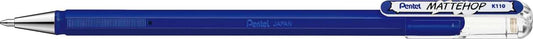 Pentel Mattehop Boligrafo de Bola - Punta 1mm - Trazo 0.5mm - Tinta de Gel Opaca - Fabricado con 55% de Materiales Reciclados - Color Azul - Cantidad: 12