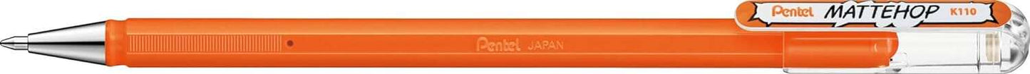 Pentel Mattehop Boligrafo de Bola - Punta 1mm - Trazo 0.5mm - Tinta de Gel Opaca - Fabricado con 55% de Materiales Reciclados - Color Naranja - Cantidad: 12