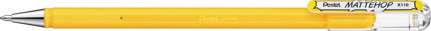 Pentel Mattehop Boligrafo de Bola - Punta 1mm - Trazo 0.5mm - Tinta de Gel Opaca - Fabricado con 55% de Materiales Reciclados - Color Amarillo - Cantidad: 12