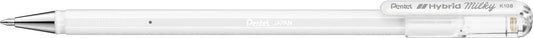Pentel Hybrid Milky Boligrafo de Bola - Punta Fina 0.8mm - Trazo 0.4mm - Tinta de Gel Opaca - Color Blanco Pastel - Cantidad: 12