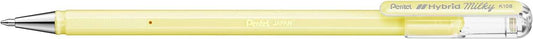 Pentel Hybrid Milky Boligrafo de Bola - Punta Fina 0.8mm - Trazo 0.4mm - Tinta de Gel Opaca - Color Amarillo Pastel - Cantidad: 12