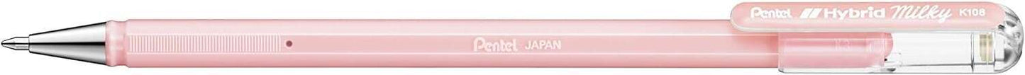 Pentel Hybrid Milky Boligrafo de Bola - Punta Fina 0.8mm - Trazo 0.4mm - Tinta de Gel Opaca - Color Rosa Pastel - Cantidad: 12