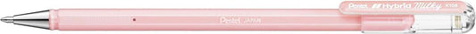 Pentel Hybrid Milky Boligrafo de Bola - Punta Fina 0.8mm - Trazo 0.4mm - Tinta de Gel Opaca - Color Rosa Pastel - Cantidad: 12