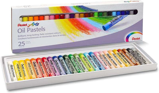 Pentel Oil Pastels Pack de 25 Pasteles Oleo - Blandos, Cremosos y de Secado Lento - Colores Surtidos