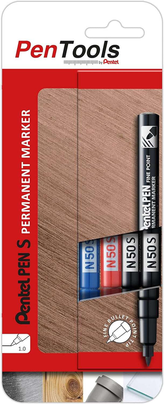 Pentel PenTools Pack de 4 Rotuladores Permanentes Industriales Pentel Pen N50S - Punta Conica Resistente y Duradera - Trazo 1mm - Resistente a Agua y Luz - Colores 2x Negro, Azul, y Rojo