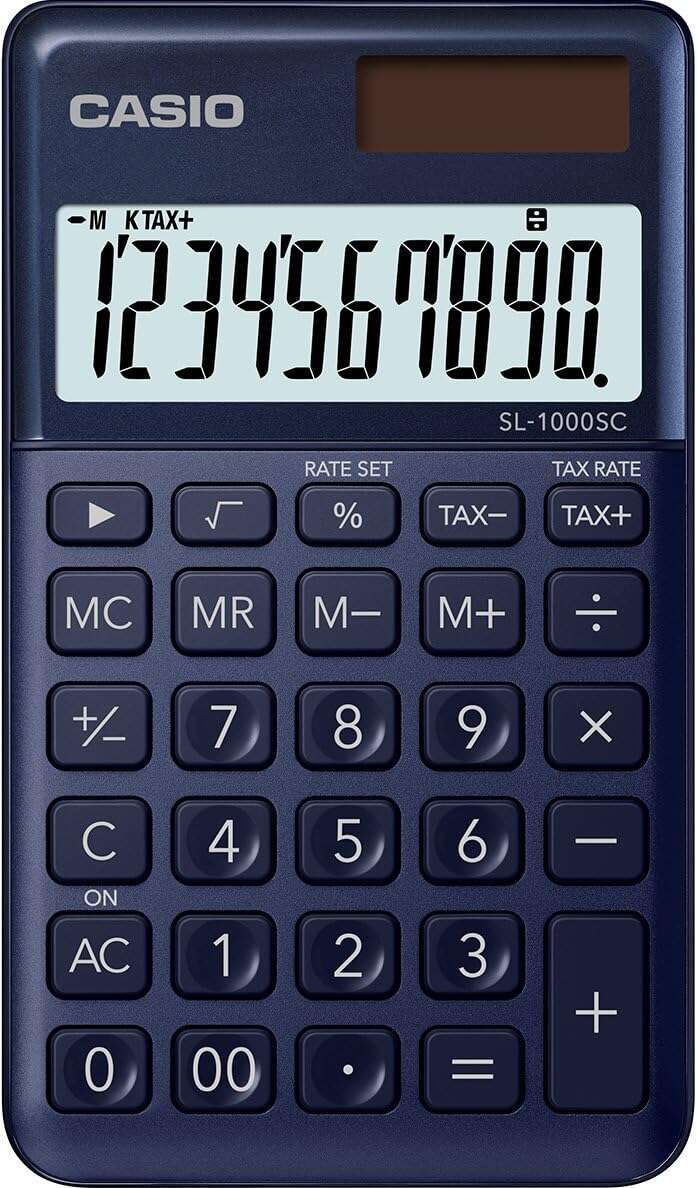 Casio SL-1000SC Calculadora de Bolsillo - Pantalla Extragrande de 10 Digitos - Alimentacion Solar y Pilas - Color Azul Oscuro