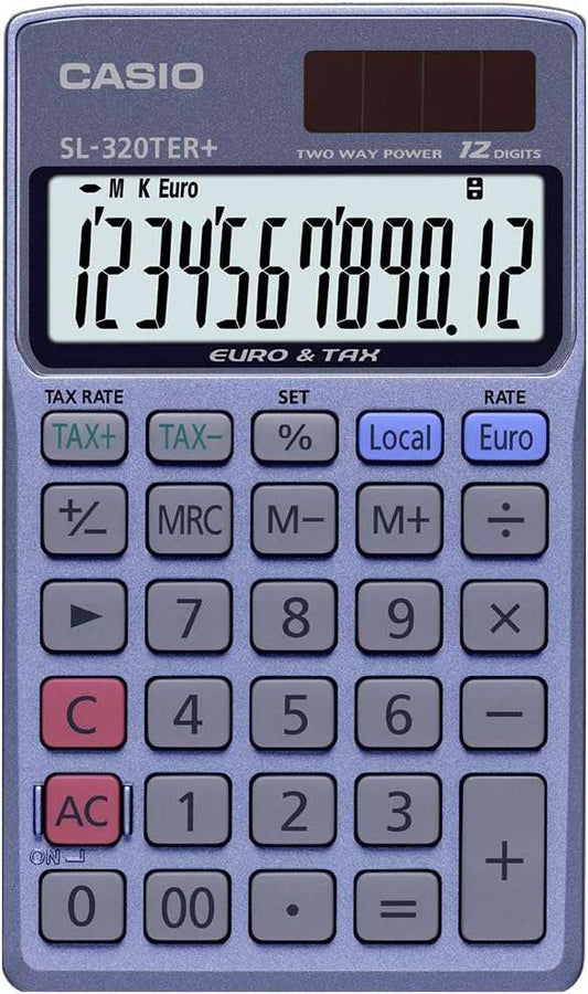 Casio SL-320TER+ Calculadora de Bolsillo - Pantalla LC Extragrande de 12 Digitos - Funcion Conversor de Euros - Color Azul