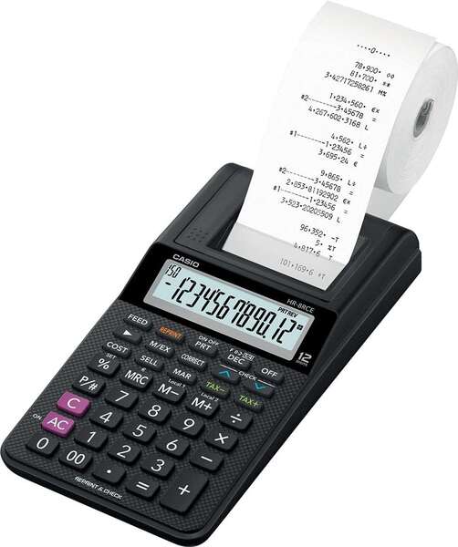 Casio HR-8RCE Calculadora Impresora de Sobremesa Compacta - Pantalla de 12 Digitos - Impresion de 2 Lineas por Segundo - Color Negro