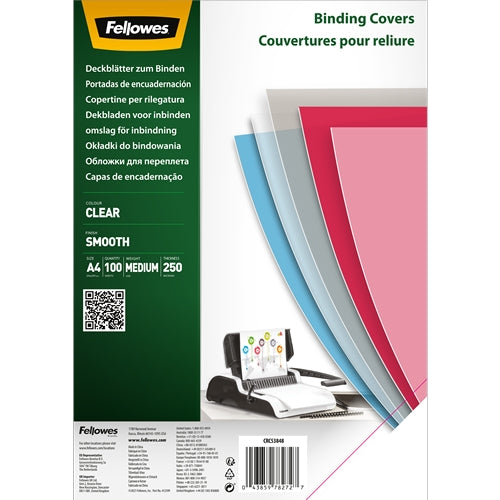 Fellowes Pack de 100 Portadas de Polietileno Transparentes para Documentos A4 - Grosor de 250 Micras - Ideal para Encuadernadoras de Espiral o Canutillo