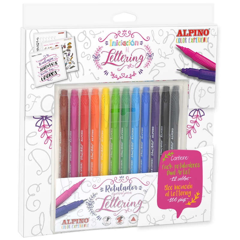 Alpino Color Experience Pack de 12 Rotuladores Dual Artist + Libro Guia de Iniciacion al Lettering - Doble punta (Fina 0,7mm y Pincel de 2,9mm) - Colores Surtidos