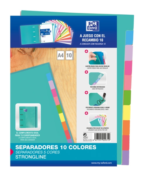 Oxford Strongline A4 Separadores - 10 Posiciones de Diferentes Colores - 4 Taladros - Cartulina 200gr - Cantidad: 25