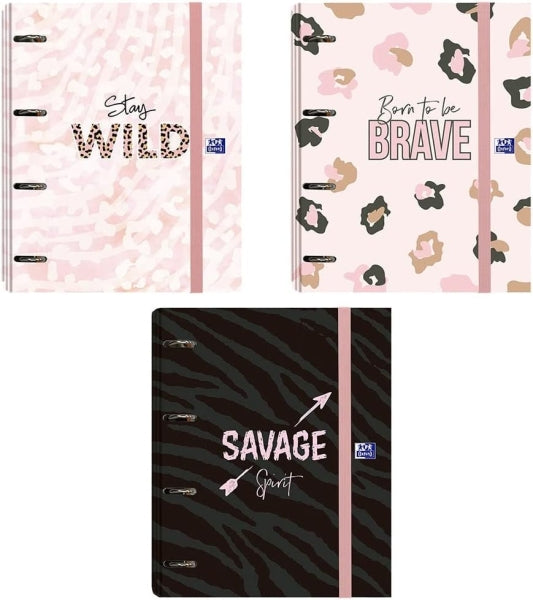 Oxford Animal Print Europeanbinder A4+ Carpeta de Anillas 4D 35mm con Recambio 5x5 - Lomo de 45mm - Tapa Extradura con Cierre de Goma elastica - 3 Diseños Diferentes - Cantidad: 10